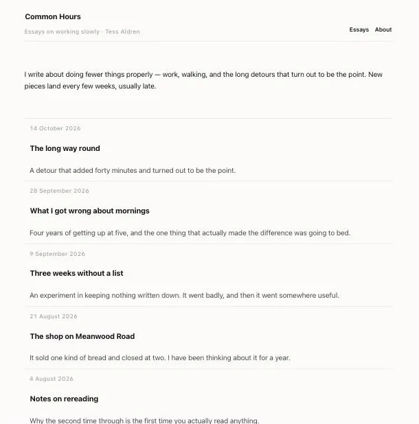 The Common Hours blog home page, listing five essays by date with a title and one-line summary each.