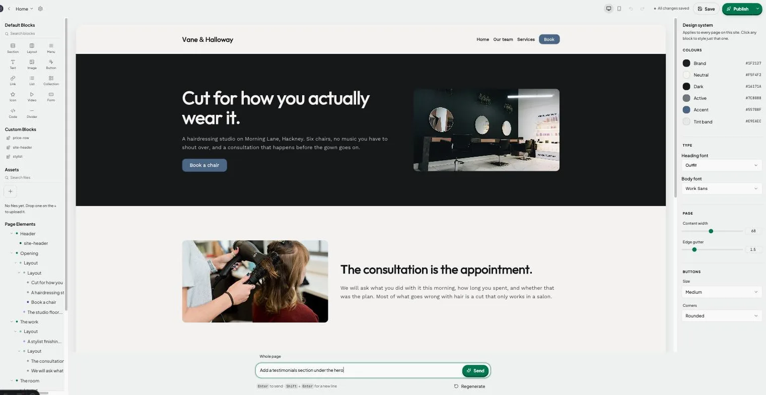 The Joybird editor: a hairdressing site on the canvas, the design system on the right, and a prompt box asking for a testimonials section.