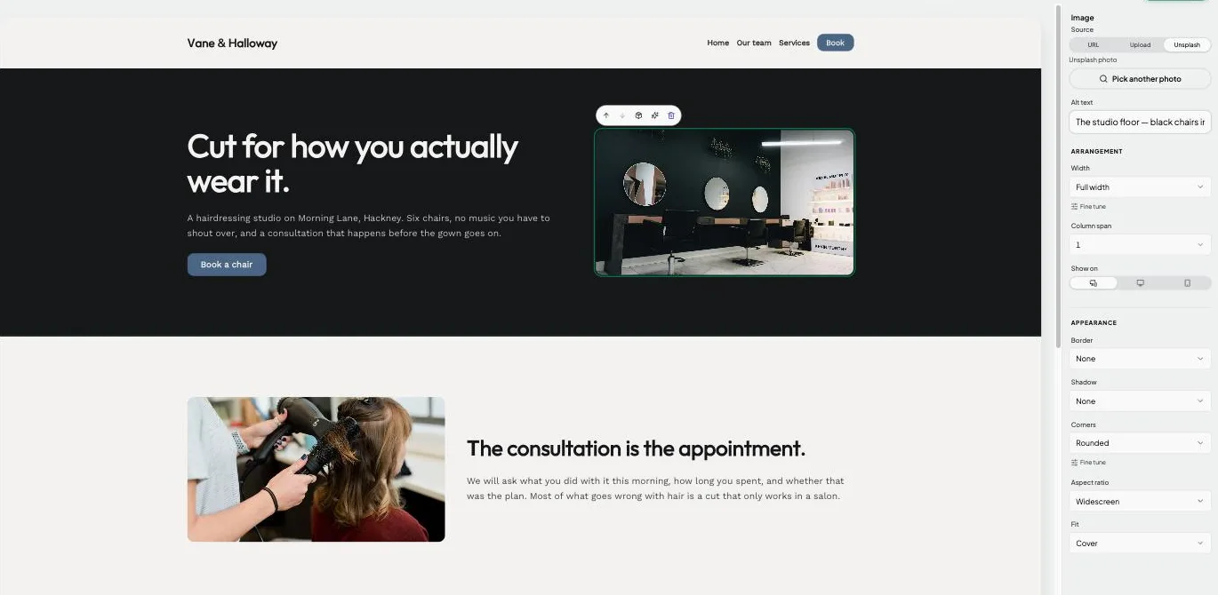A photo selected in the Joybird editor, with its source, width, corners and aspect ratio settings in the panel beside it.