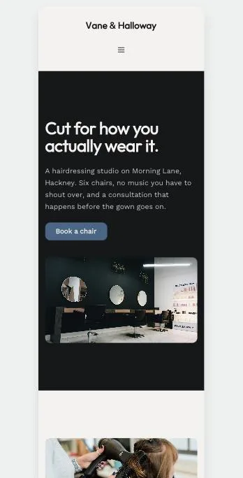 The Vane & Halloway home page previewed at phone width, with its menu folded behind a button.
