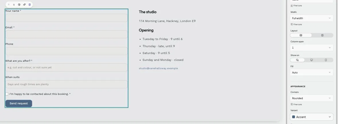 A booking form in the Joybird editor with name, email, phone and message fields and a Send request button.