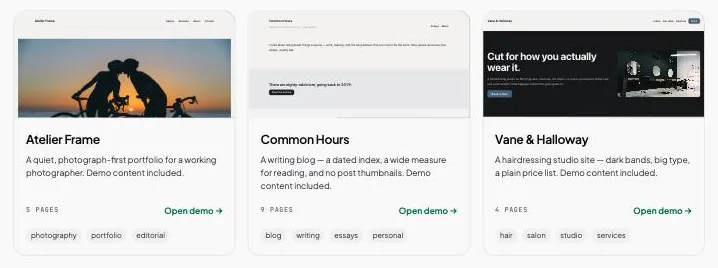The Joybird theme gallery: Atelier Frame, Common Hours and Vane & Halloway, each with a live preview.